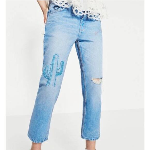Zara Trafaluc Cactus Embroidered Cropped Straight Leg Jeans Size 6 - Picture 1 of 16